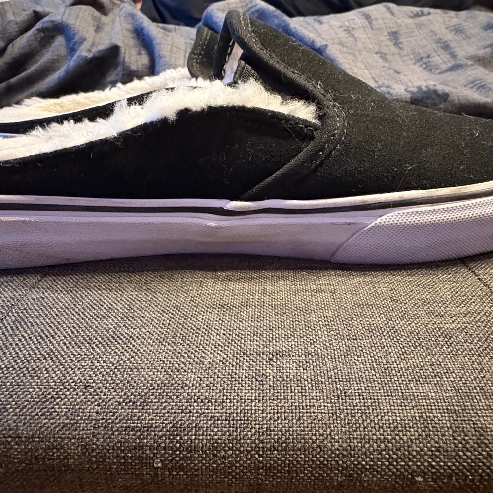 Vans Black and White Fuzzy Slip-On Loafers